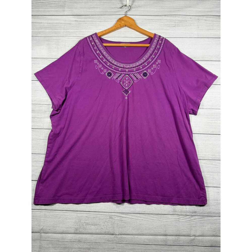 Women’s 4X Purple Embroidered Embellished Scoop Neck Short Sleeve Top 4123